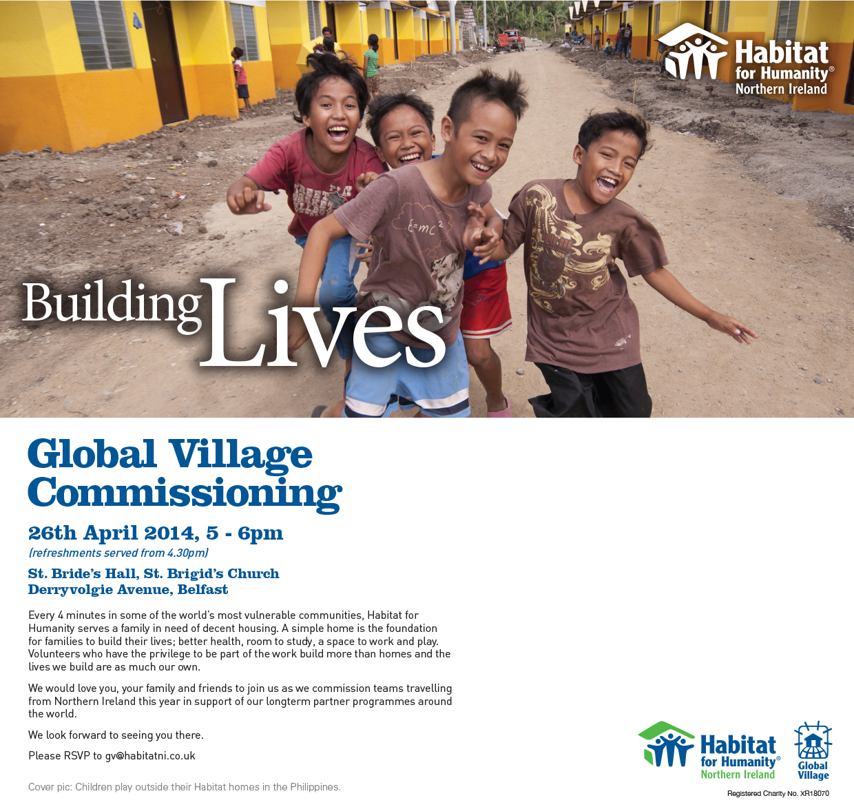 A leaflet with various detals of the global village commissioning service. The leaflet also includes a photo of four smiling children from Cambodia.
