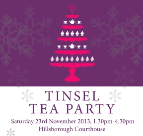Tinsel Tea Party invitation: shows a christmas tree which doubles as a cake stand