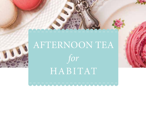 Graphic for 'Afternoon Tea for Habitat'. Words are layered over a photo of cupcakes and plates