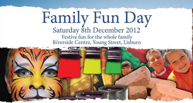 A graphic advertising a Family Fun Day, showing images of a child in tiger face paint and children having fun