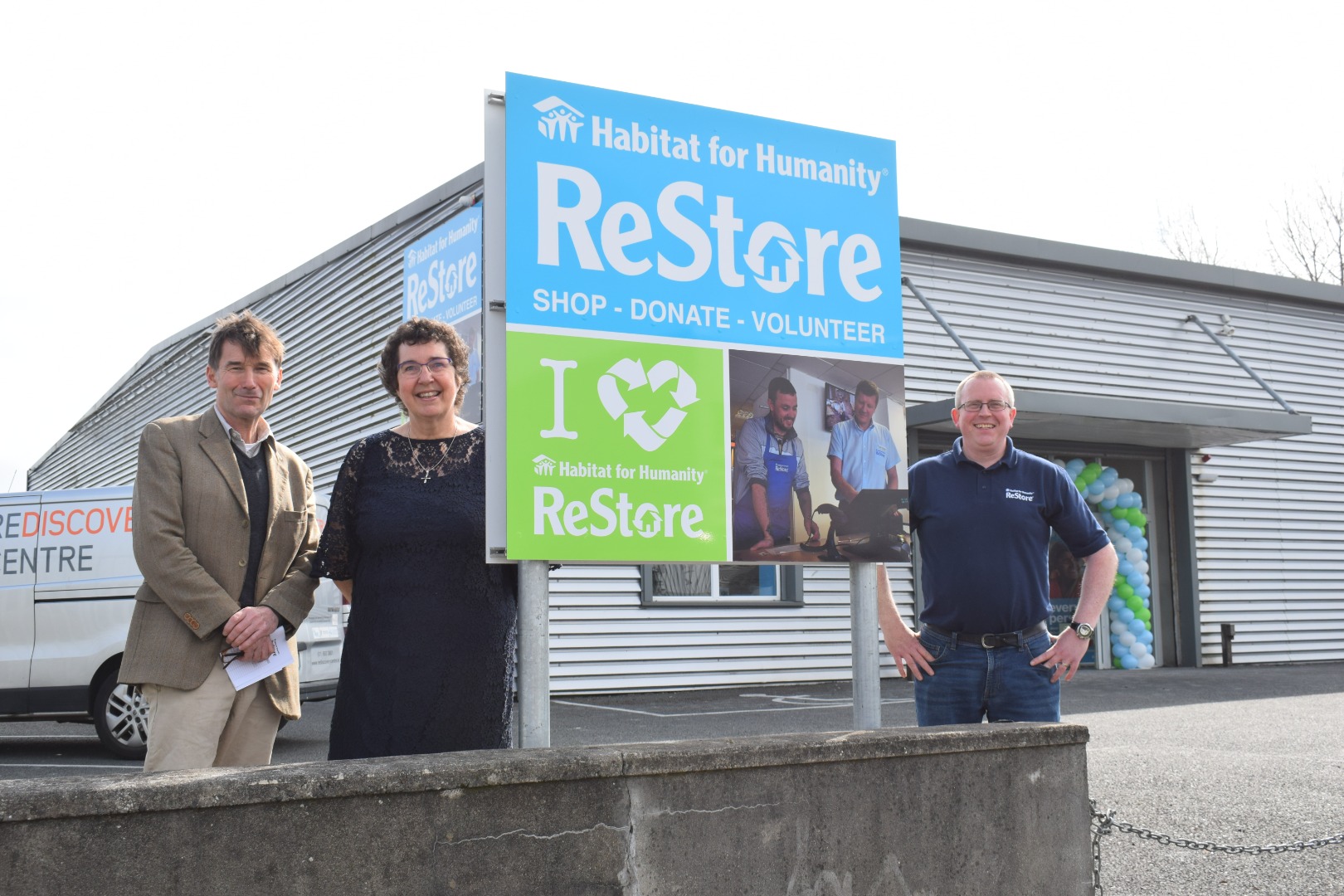 Habitat Board Chair Pat Linders, Chief Executive Jenny Williams and ReStore Manager Andy Drummond standing out the front of ReStore Drogheda
