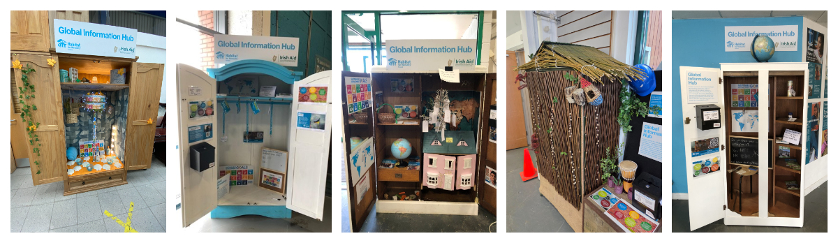 A photo collage of all five global information hubs. The hubs are all versions of modified wardrobes, with various engagement tools contained within.